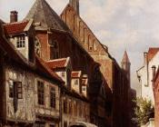 科内利斯 斯普林格 : A Busy Street In Bremen With The Saint Johann Church In The Background